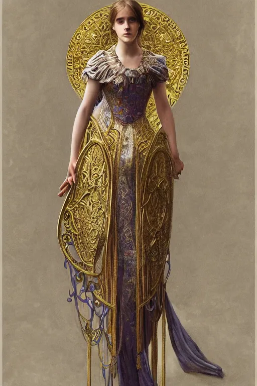 Image similar to a full body art nouveau portrait of a 16-year old girl who resembles Emma Watson, Saoirse Ronan and Anya Taylor Joy, ornate intricate golden battle armor, intricate, elegant, highly detailed, digital painting, artstation, concept art, smooth, sharp focus, illustration, art by John William Waterhouse and greg rutkowski and Donato Giancola and alphonse mucha