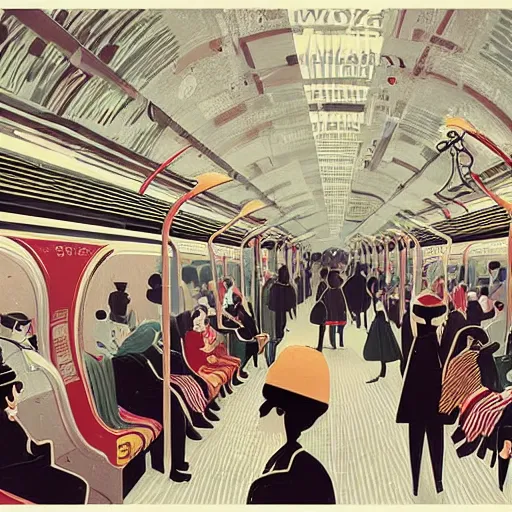 Image similar to parisian subway life, illustration by victo ngai, studio muti, malika favre