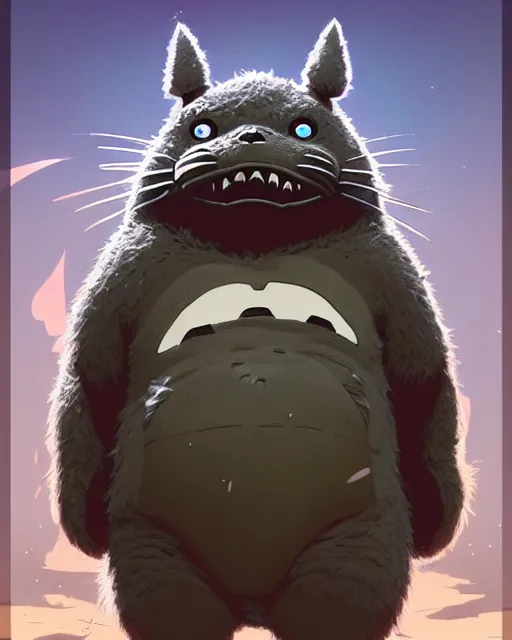 Prompt: highly detailed vfx portrait of totoro as terminator, stephen bliss, unreal engine, greg rutkowski, loish, rhads, beeple, makoto shinkai and lois van baarle, ilya kuvshinov, rossdraws, tom bagshaw, alphonse mucha, global illumination, detailed and intricate environment