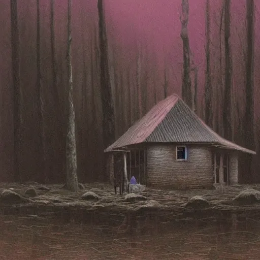 Image similar to a painting of a eerie cabin in the middle of the woods in the style of beksinski