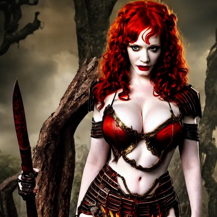 Image similar to full length photo of christina hendricks as a vampire amazon warrior, highly detailed, 4 k, hdr, smooth, sharp focus, high resolution, award - winning photo