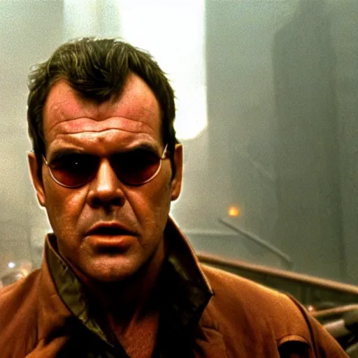 Image similar to young Jack Nicholson as Rick Deckard on blade runner 1982, slightly smiling, wide angle lens, movie still, in color, movie frame, detailed face, symmetrical face, 4k