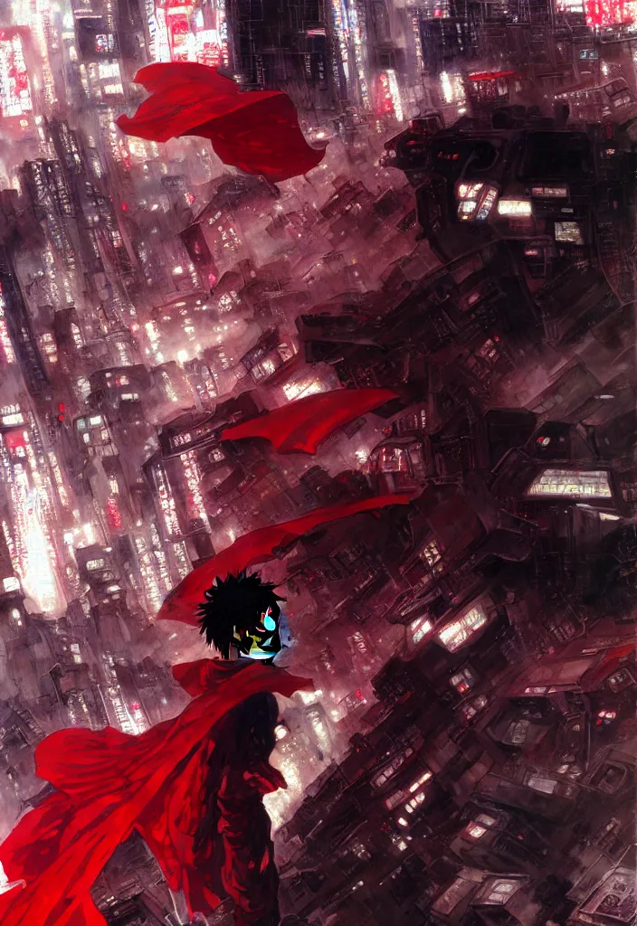 Prompt: tetsuo over neo - tokyo, red cape, akira | anime, matte painting, dystopian megacity neo - tokyo akira, shaded perfect, fine details. realistic shaded lighting anime manga artwork by katsuhiro otomo, akira, artgerm, jeremy lipkin and michael garmash and rob rey