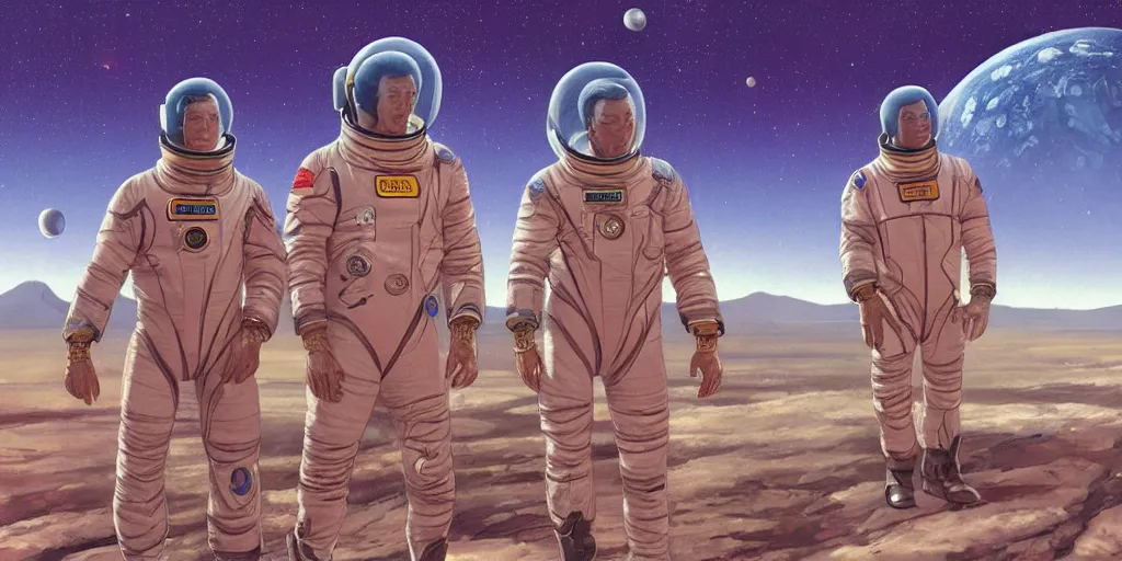 Image similar to a portrait of stallone and van damm and takeshi kitano pilots in spacesuit on field forrest spaceship station landing laying lake artillery outer worlds in FANTASTIC PLANET La planète sauvage animation by René Laloux