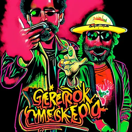 Prompt: cyberpunk cheech and chong, up in smoke,