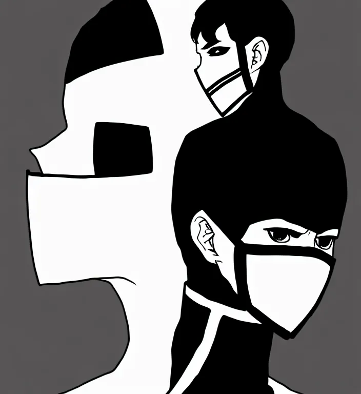 Image similar to white man with black fabric mask, short dark hair, true anatomy!, digital painting, style of akira anime