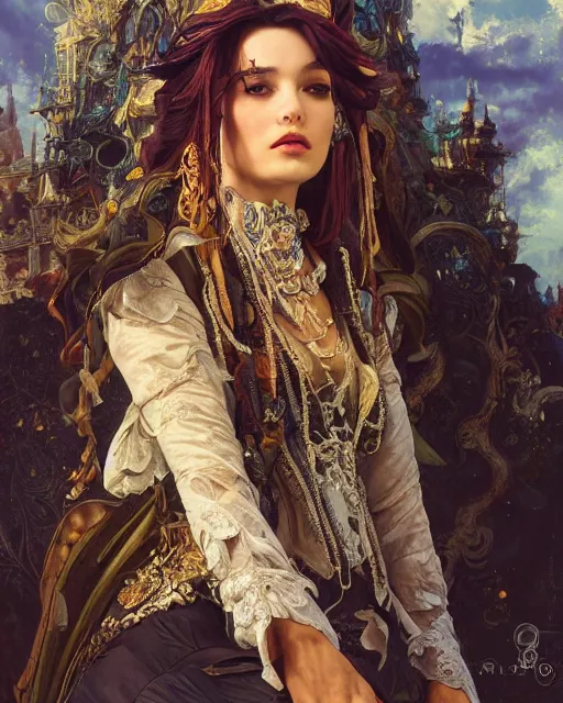 Image similar to a beautiful close up portrait of a pirate sitting with elegant looks, leather clothing, ornate costume and flowing magic all around, intricate and soft by ruan jia, tom bagshaw, alphonse mucha, krenz cushart, beautiful pirate ruins in the background, epic sky, vray render, artstation, deviantart, pinterest, 5 0 0 px models