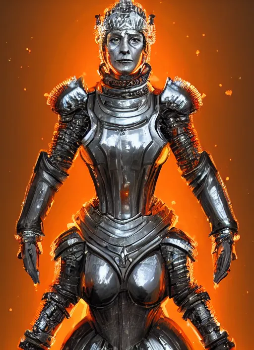 Prompt: old! queen elizabeth! in futuristic battle armor, face! visible, full body portrait, glowing lights, detailed, realistic, intricate, trending on artstation