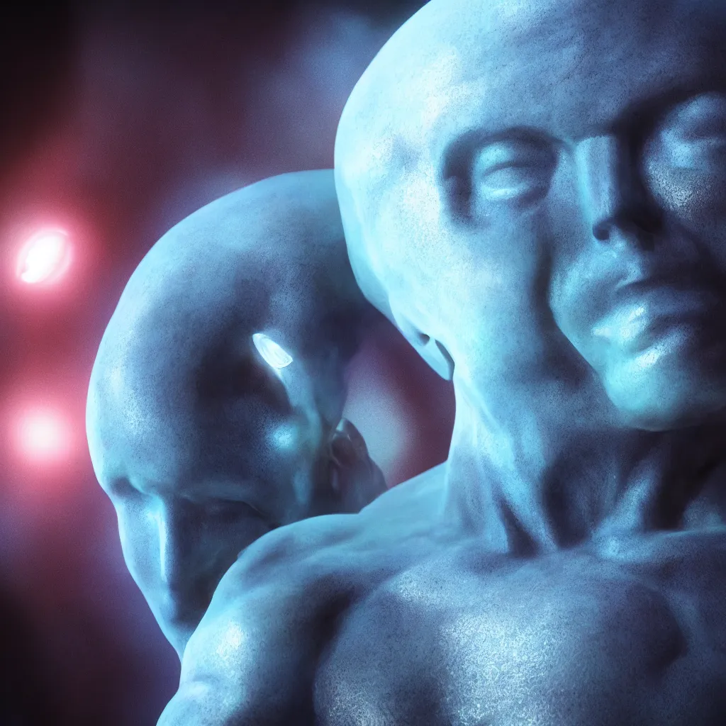 Image similar to dr. manhattan, watchmen, 8 k, octane render, mute blue, volumetric light, intricate detail, soft depth of field, intricate detail, photorealistic, cinematic lighting 4 k