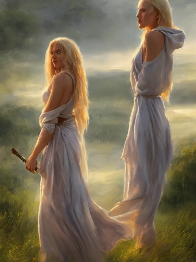 Image similar to blonde female jedi, Swedish countryside, landscape view, archipelago, freedom, dawn, sunrise, beautiful, by Vladimir Volegov, wlop, artstation