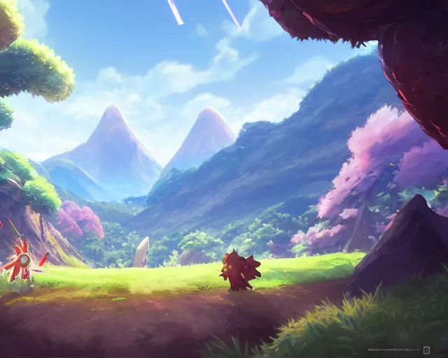 Prompt: pokemon sword and shield ghibli landscape illustration close floral clearing and mountains in the background, deep focus, d & d, fantasy, intricate, elegant, highly detailed, digital painting, artstation, concept art, matte, sharp focus, illustration, hearthstone, art by fire watch game and greg rutkowski, no characters