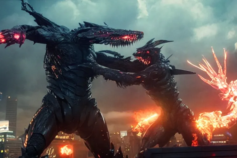 Prompt: film still of john wick fighting a kaiju in tokyo in the new pacific rim movie