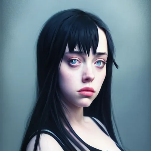 Image similar to a beautiful billie eilish kat dennings alluring gravure model in elaborate latex tank top, by guweiz and wlop and ilya kuvshinov and artgerm and makoto shinkai and studio ghibli, symmetrical eyes, aesthetic, gorgeous, stunning, alluring, attractive, artstation, deviantart, pinterest, digital art