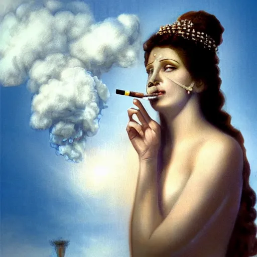 Image similar to goddess smoking a cigarette in the clouds