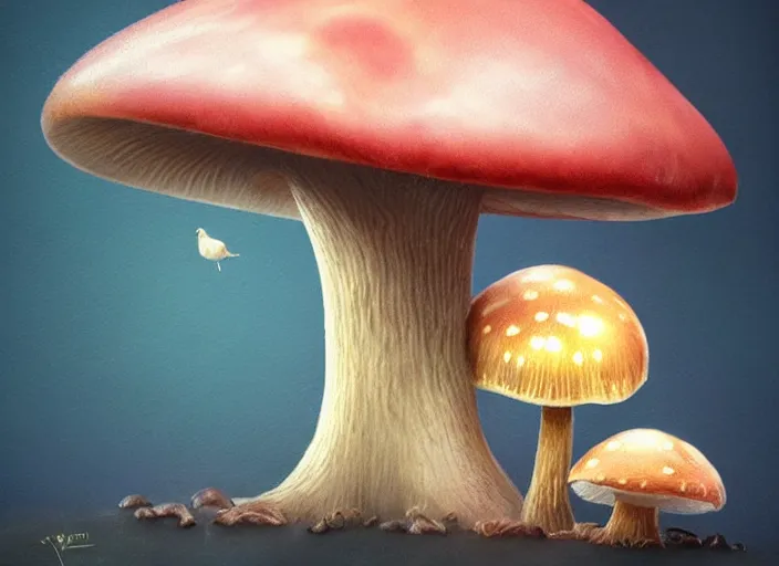 Image similar to a cute creature sitting next to a mushroom concept portrait, detailed, sharp focus, pastel, intricate, realistic, smooth, volumetric lighting, digital painting, by miyazaki