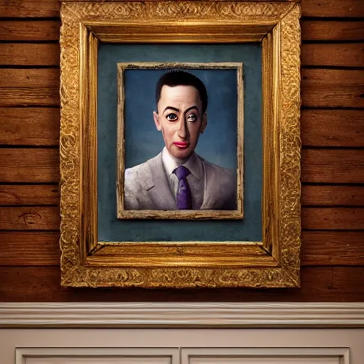 Image similar to hyperrealistic mixed media high resolution painting of the severed head of Peewee Herman resting upon a magnificent mantle in an old cabin, stunning 3d render inspired art by István Sándorfi and Greg Rutkowski and Unreal Engine, perfect facial symmetry, dim volumetric lighting, 8k octane beautifully detailed render, full body shot, post-processing, extremely hyper-detailed, intricate, epic composition, highly detailed attributes, highly detailed atmosphere, cinematic lighting, masterpiece, trending on artstation, very very detailed, masterpiece, stunning, flawless structure, lifelike texture, perfection,