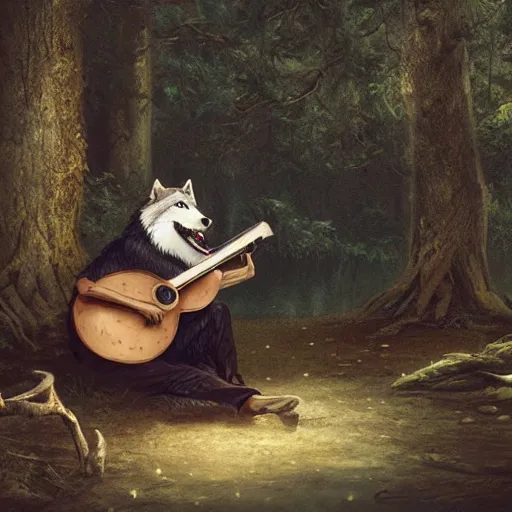 Image similar to an anthropomorphic wolf in a forest by the river, playing lute, by stanley lau and greg rutkowski