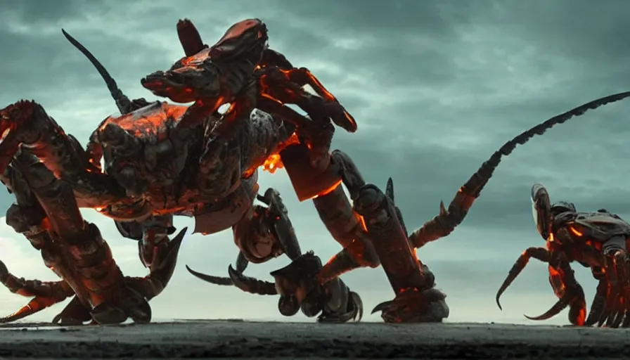 Prompt: big budget movie scene featuring a giant robot scorpion fighting a giant mutant crab