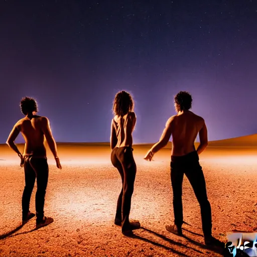 Image similar to photograph of three ravers, two men, one fully clothed woman, photographed from behind, talking around a fire, photorealistic, dancefloor kismet, diverse costumes, clean composition, desert transition area, bonfire, night, australian desert, xf iq 4, symmetry, sony a 7 r, 1 5 0 mp, 5 0 mm