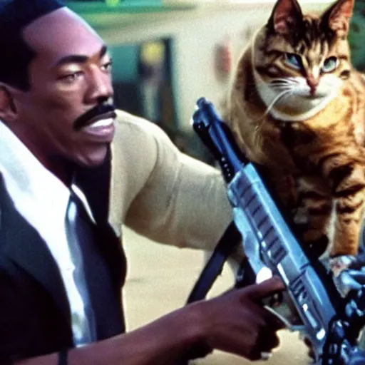 Image similar to a still of the cats gunfighting from the buddy cop movie beverly hills cat 2, with eddie murphy