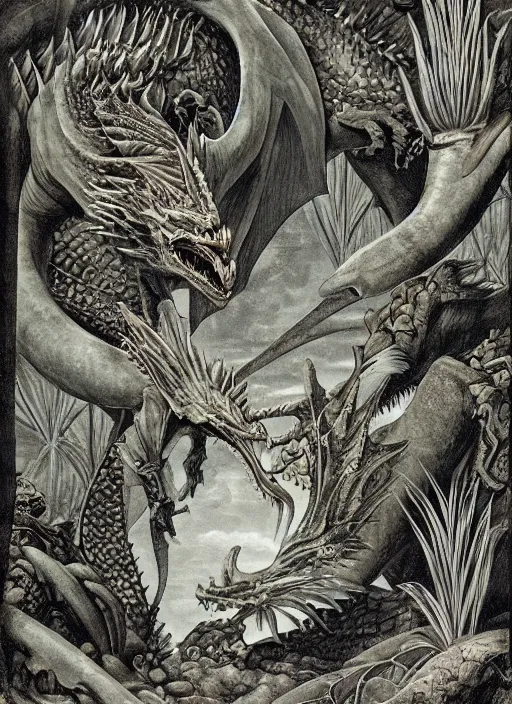 Image similar to game of thrones dragon in a tropical forest, john james audubon, ernst haeckel, intaglio, sharp focus