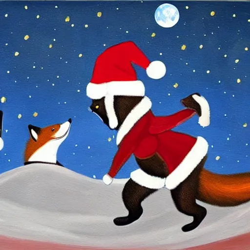 Image similar to fox animals who are wearing santa hats dancing on the moon, inspiring painting