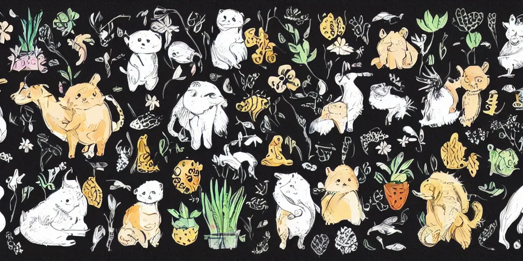 Image similar to cute animals and plants on a black background, wallpaper, Illustration, Anatomical Drawing, Painting