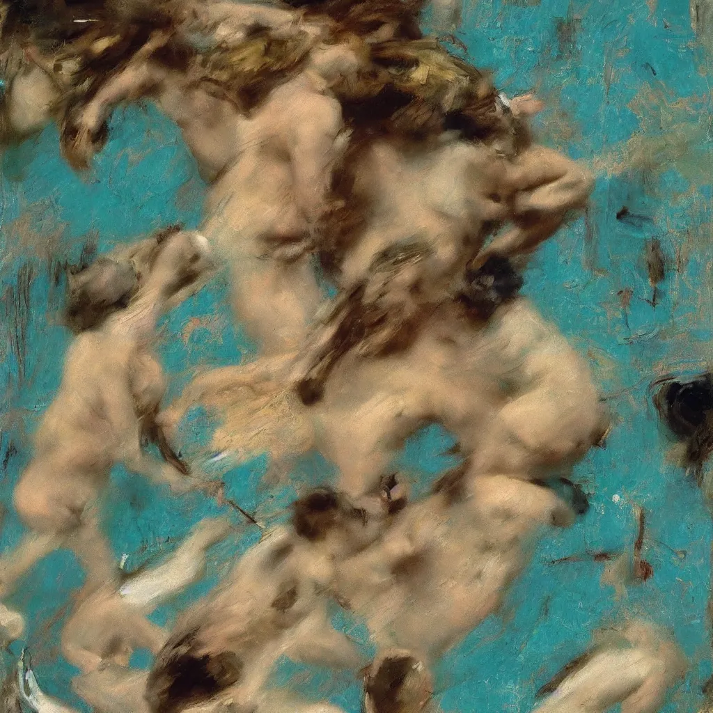 Image similar to high quality high detail painting by lucian freud, jenny savile, ilya repin and john singer sargent, motion blur, grunge, turquoise, hd