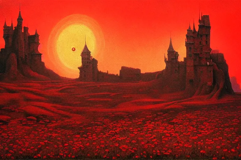 Image similar to only with red, red flowers, a red tiger, a castle in the background, medieval demons, an ancient path, in the style of beksinski, part by hopper, part by rodcenko, part by hofbauer, intricate composition, red by caravaggio, insanely quality, highly detailed, masterpiece, red light, artstation