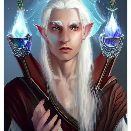 Image similar to Beautiful white haired aged fair skinned scholar elf with spell scroll and lightning background, symmetrical, realism, digital painting, detailed artwork, portrait, mythical, artstation