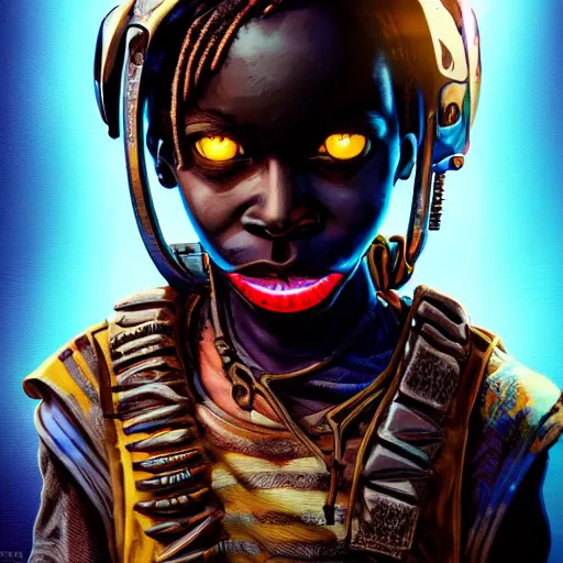 Prompt: a dark and ominous cyborg african child soldier with glowing eyes and a mechanical lower jaw with sharp teeth, neon graffiti, Apex Legends character digital illustration portrait design, by android jones and greg rutkowski in a cyberpunk voodoo style, retrowave color scheme, detailed, cinematic lighting, wide angle action dynamic portrait