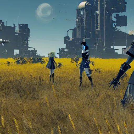 Image similar to a very high resolution image from nier : automata, featuring 9 s android fighting militarized police forces in yellow rye field under pure blue skies