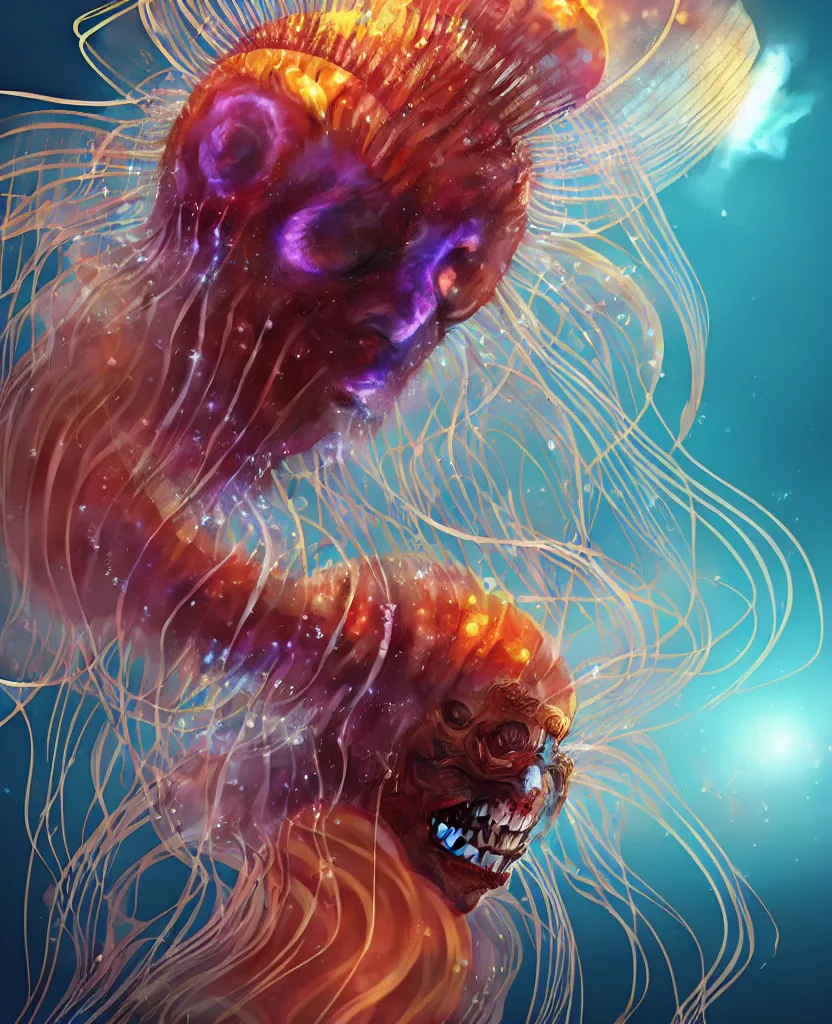 Image similar to close-up portrait of the face of a beautiful princess in a twisted flowers jellyfish mask in a spaceman suit surrounded by energy flow, epic angle and pose, symmetrical artwork, 3d with depth of field, blurred background, floating jellyfish skull phoenix bird, translucent, nautilus, energy flows of water and fire. a highly detailed epic cinematic concept art CG render. made in Maya, Blender and Photoshop, octane render, excellent composition, cinematic dystopian brutalist atmosphere, dynamic dramatic cinematic lighting, aesthetic, very inspirational, arthouse. y Greg Rutkowski, Ilya Kuvshinov, WLOP, Stanley Artgerm Lau, Ruan Jia and Fenghua Zhong