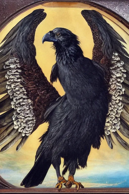 Image similar to a breathtakingly stunningly beautifully highly detailed animal portrait of a majestic raven, by rosetti and michael cheval and rosetti and turner, 4 k