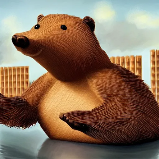 Image similar to photography hyperrealism concept art of anthropomorphic beavers as construction builders that building city from sticks