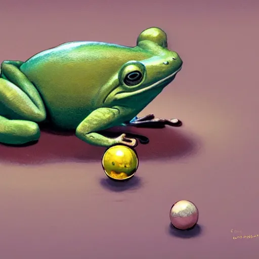 Prompt: ground level wide angle shot of a cute frog bowling with a golden metal ball, concept art, by esao andrews, by m. w. kaluta, by pixar, volumetric light, rich colors, very humorous!!!, realistic reflections, smooth, depth perception, shallow depth of field, 4 k, unreal engine 5, artstation
