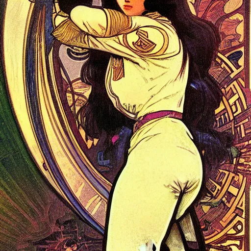 Image similar to alita battle angel, painted by alphonse mucha