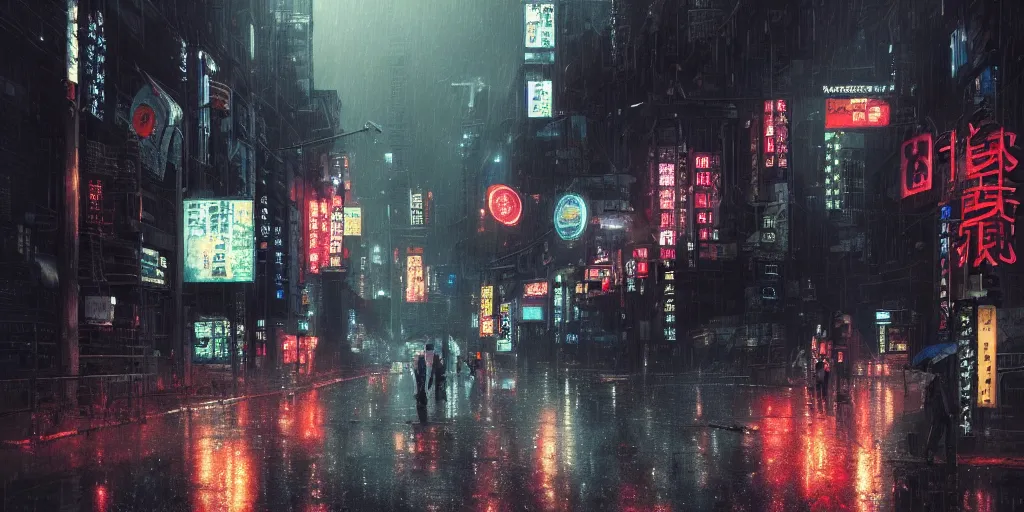 Prompt: Scene of a japanese cyberpunk city in the rain during midnight, heavy contrast, 4k, cozy wallpaper, trending on Artstation, award-winning, art by Greg Rutkowski