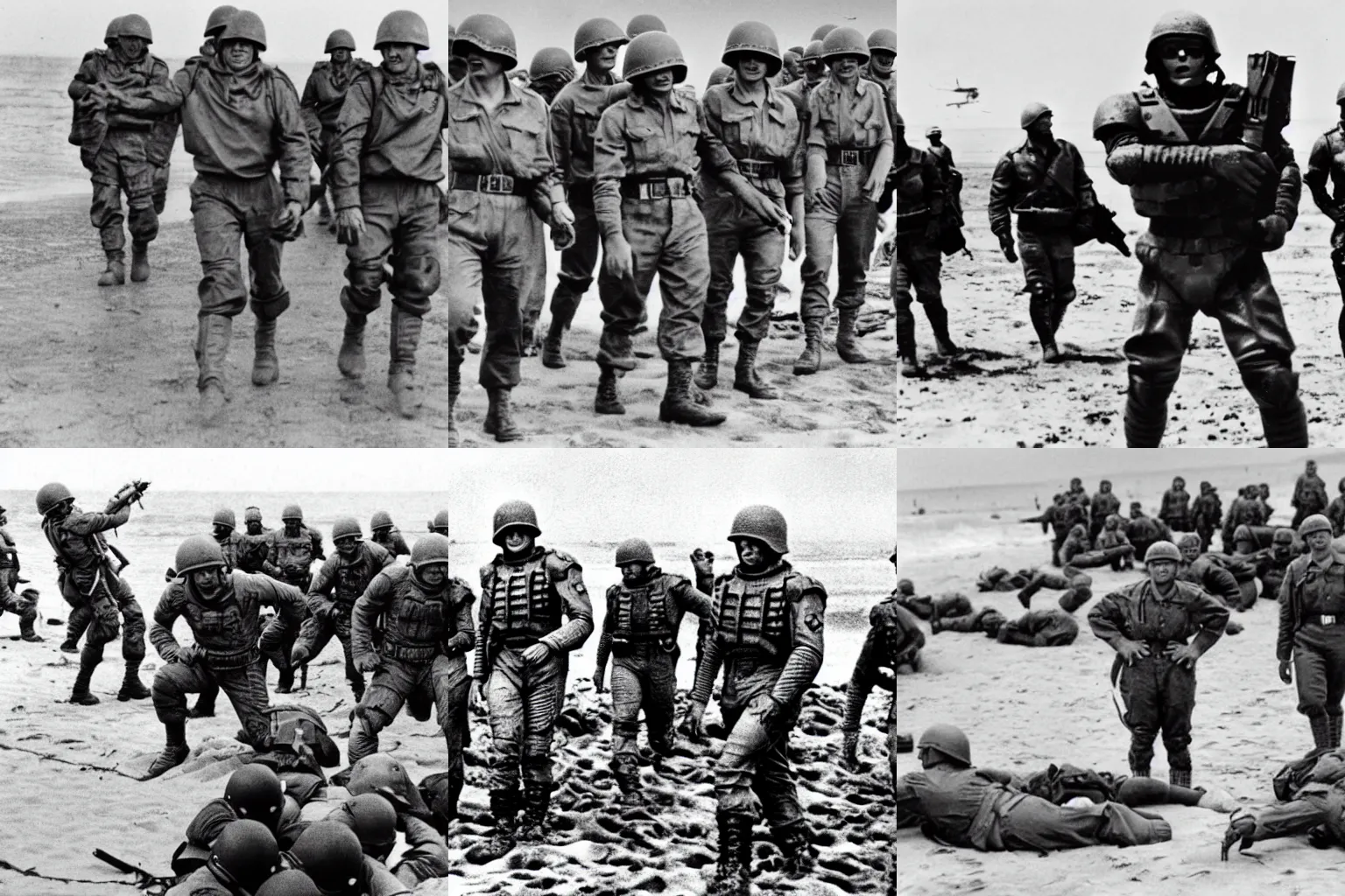 Prompt: historical photograph of Doomguy amongst allied soldiers on the beach during the D-day invasion