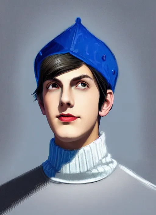 Image similar to portrait of teenage jughead jones wearing a light grey crown, crown, blue turtleneck, 1 9 5 0 s, closed eyes, photorealistic, black hair, glowing lighting, intricate, elegant, glowing lights, highly detailed, digital painting, artstation, concept art, smooth, sharp focus, illustration, art by wlop, mars ravelo and greg rutkowski