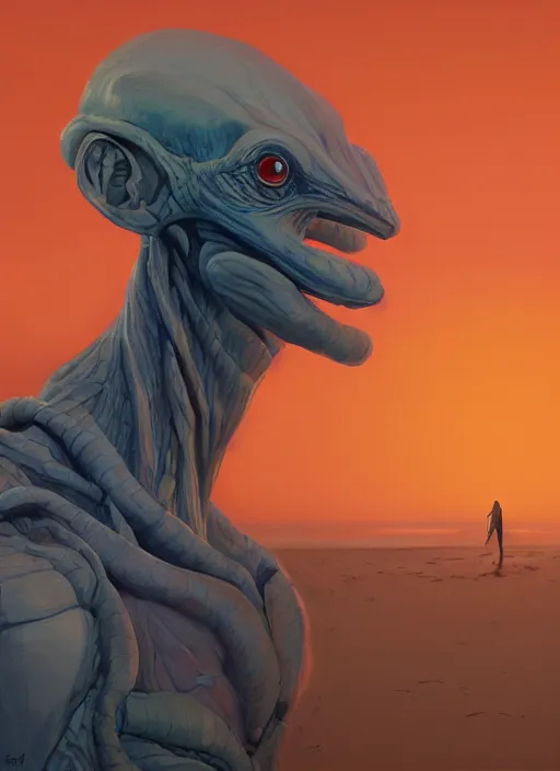 Image similar to semi reallistic gouache gesture painting, by Moebius, online artists, detailed anime 3d render of a reptilian alien on San Francisco Beach, at sunset, portrait, cgsociety, artstation, rococo mechanical, Digital reality, dieselpunk atmosphere, gesture drawn