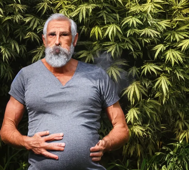 Image similar to mr robert smoke weed and meditate in the garden, he has dark grey hairs, detailed glad face, muscular chest, pregnant belly, golden hour closeup photo, red elegant shirt, eyes wide open, ymmm and that smell