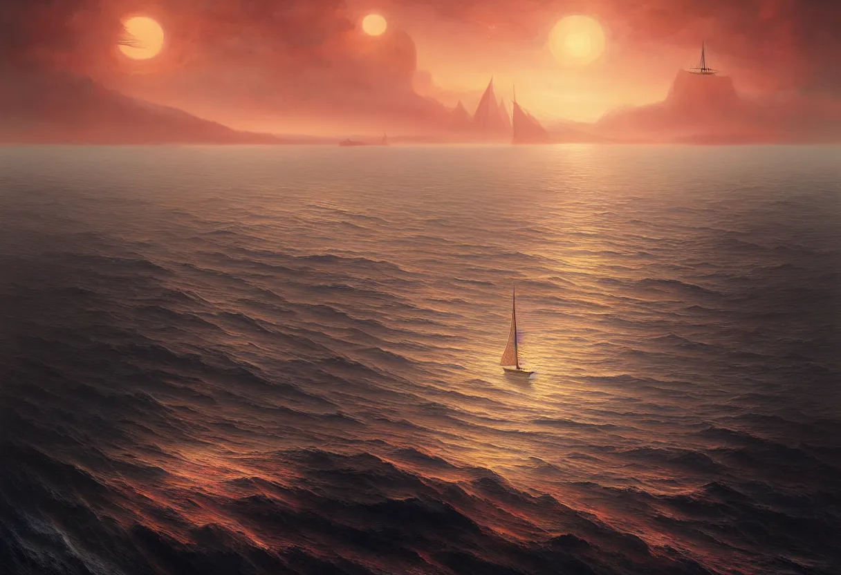 Image similar to strange sea surface of autumn planet at sunset, sailing ship on horizon, ultra high definition, ultra detailed, symmetry, fog, matte painting, by greg rutkowski and ross tran and wlop