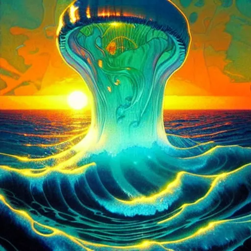 Prompt: ocean wave around giant psychedelic mushroom, lsd water, dmt waves, backlit, sunset, refracted lighting, art by collier, albert aublet, krenz cushart, artem demura, alphonse mucha