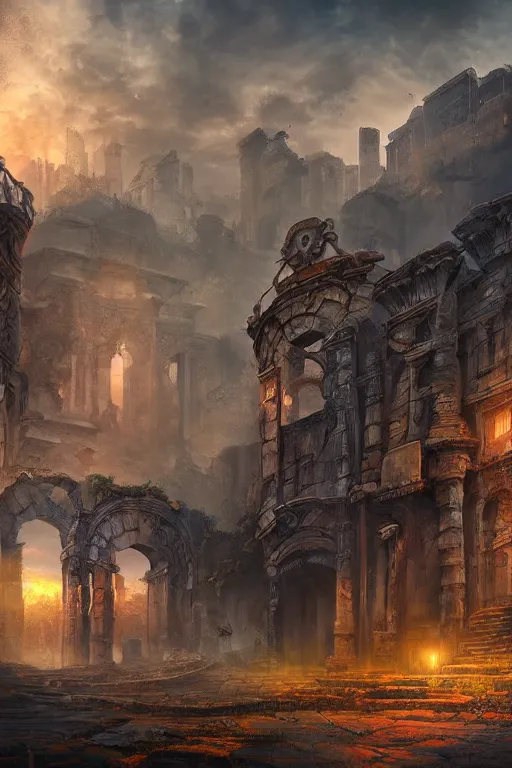 Image similar to beautiful matte painting street art fantasy ruins skyline background painted, intricate, volumetric lighting, beautiful, rich deep colors masterpiece, sharp focus, ultra detailed by