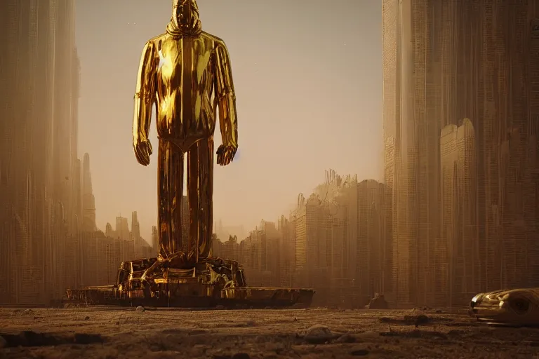 Image similar to a gigantic golden statue in a middle of the dead city, sci fi, art by mike winkelmann, trending on cgsociety, retrofuturism, darksynth, sci - fi