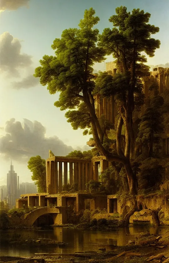 Prompt: classical landscape paintings of brutalist concrete structures, masterpiece, insanely detailed and intricate, by eugene von guerard, asher brown durand and andreas achenbach