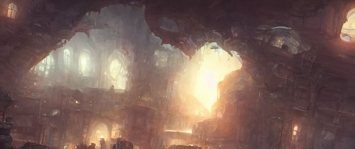 Image similar to ramshackle village built around large dome, concept art, digital painting, style of jordan grimmer, warm lighting, futuristic, volumetric lighting, view from below,dark, nighttime, godrays, high detail