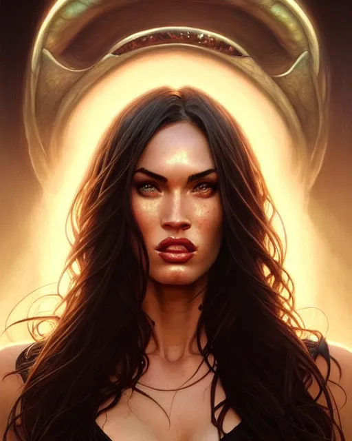 Prompt: portrait of megan fox with sultry face expression, glowing eyes, intricate, headshot, highly detailed, digital painting, artstation, concept art, sharp focus, cinematic lighting, illustration, art by artgerm and greg rutkowski, alphonse mucha, cgsociety