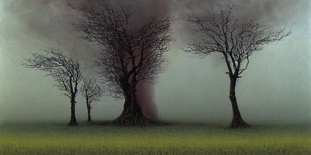 Prompt: lightning strikes a tree in the middle of a field, painting By Zdzislaw Beksinski ,